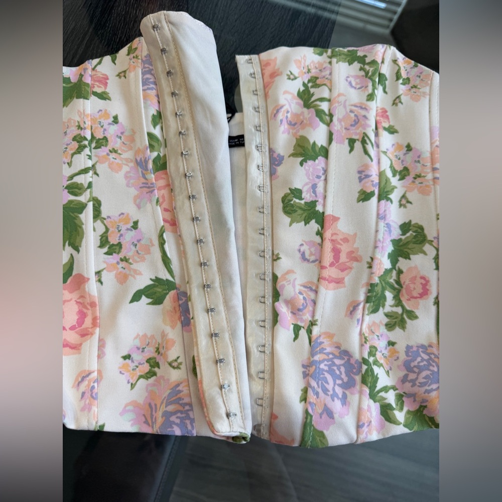 Zara Floral Strapless Corset Top in Pink with Green Accents - Picture 10 of 16